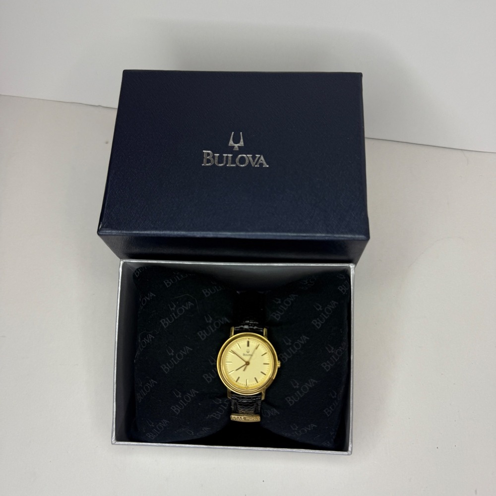 Bulova 97L60‎ Gold Tone Dress Watch Black Leather Strap Box & Manual Loaf N Jug